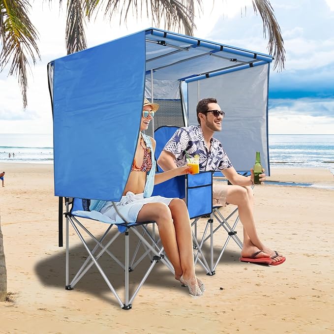 BESTHLS Double Camping Chair with Canopy Shade - Heavy Duty 600D Outdoor Loveseat for Adults, 2-Person Beach Chair with Umbrella, Folding Camp Loveseat for Fishing, Sports, Patio (Blue)
