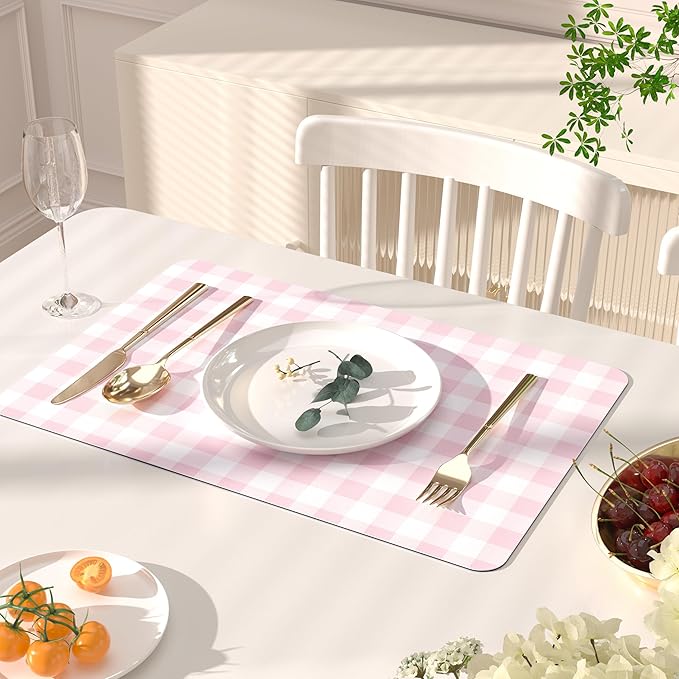 QIYI Placemats Set of 6, 12x18 Inch Faux Leather Place Mats for Kitchen Dinning, Heat Resistant Anti Slip Grid Table Mats, Waterproof Wipeable Washable Placemat Party Table Décor, Pink Gingham Check