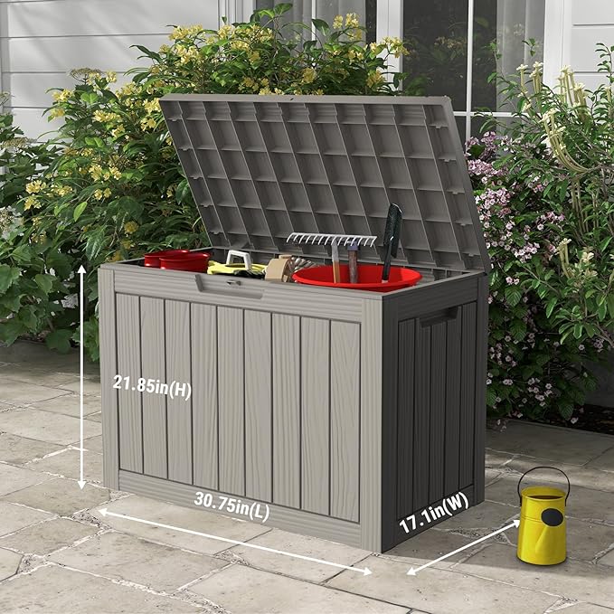 Mars Villa 45 Gallon Deck Box, Waterproof Weatherproof and UV Resistant Resin Deck Storage Box, Ideal for Indoor, Outdoor, Patio Furniture Pillows, Pool Supplies, Gardening Tools, Greige