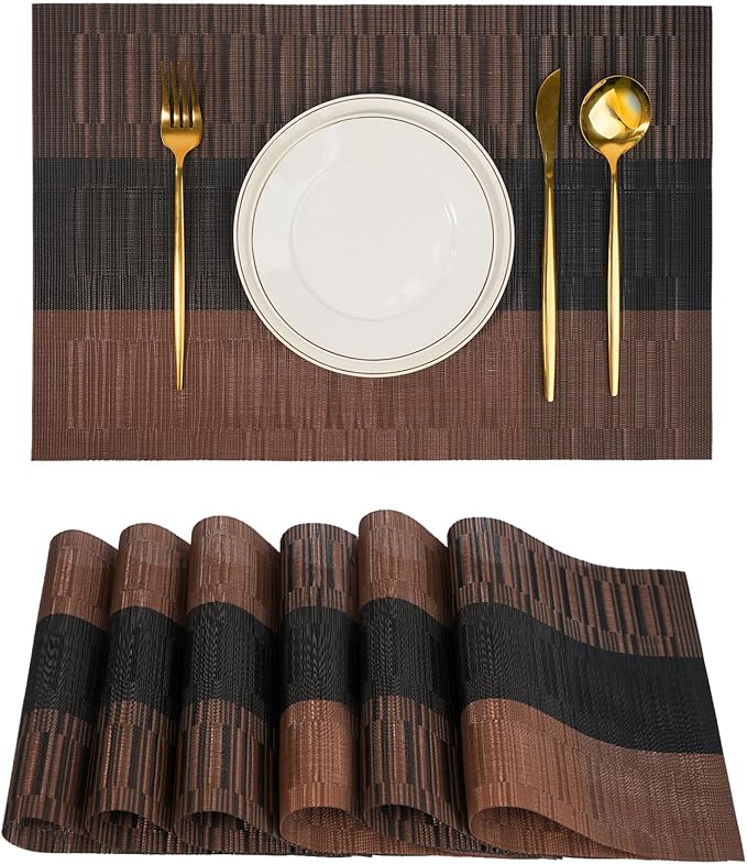 Placemats Set of 6，Non-Slip PVC Weave Table Mats Easy to Clean，Heat Resistant Place Mats for Kitchen Dining Table Decoration Indoor Outdoor，Black Brown