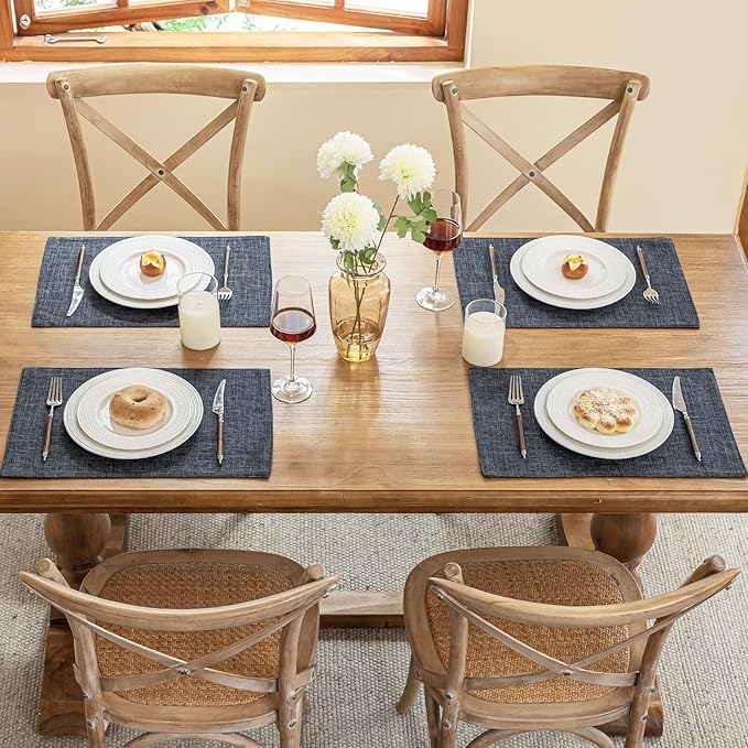 Blue Forest Placemats Set of 8, Dual-Layered Thickened Faux Linen Cloth Place Mats Heat Resistant Machine Washable Wrinkle Free Table Mats Indoor/Outdoor (Dark Grey)