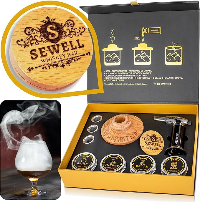 NobleSip Whiskey Cocktail Smoker Kit 𝗣𝗘𝗥𝗦𝗢𝗡𝗔𝗟𝗜𝗭𝗘𝗗, All in 1 case to Smoke Any Drink, Old Fashioned, Bourbon, Scotch. NOBLESIP Smoky in Designer Gift Box. A Great Custom Name Home bar Gift