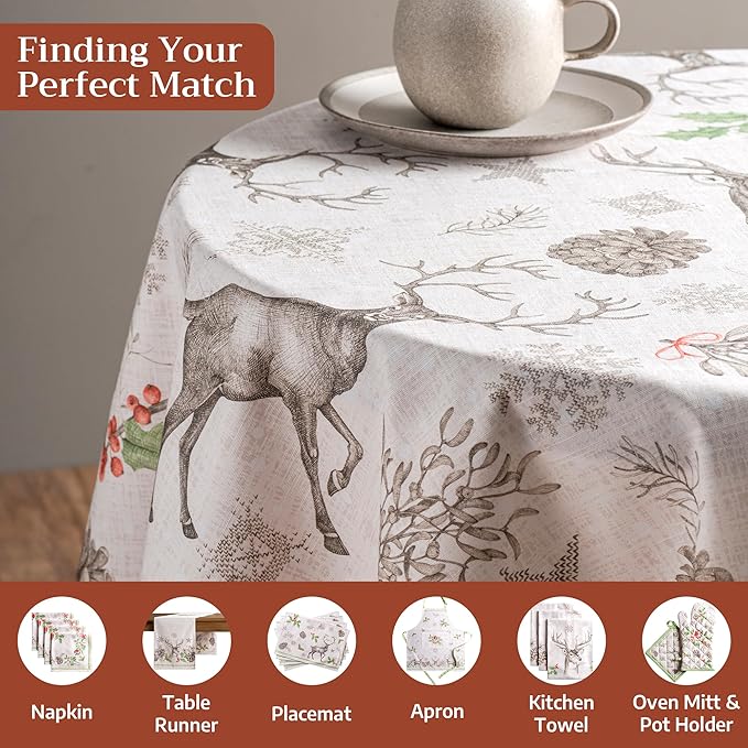Maison d' Hermine Table Cloth Round Table 100% Cotton 69 Inches Fall Tablecloth Reusable Everyday Use for Thanksgiving Christmas Decorations Dining Farmhouse Party (Christmas Dew)