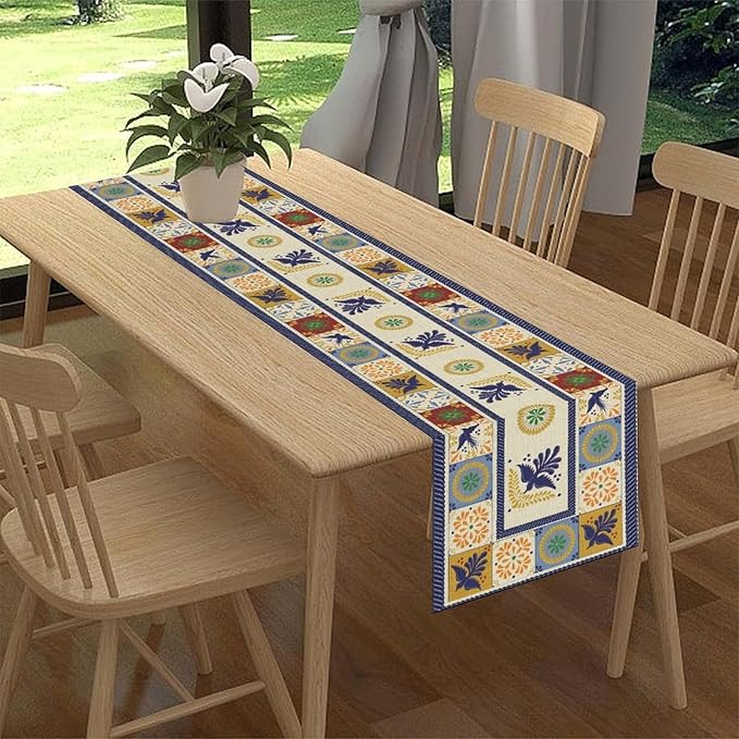 Mexican Table Runner, Blue Floral Birds Mexico Talavera Ceramic Dia De Los Muertos Coffee Table Center Decor for Family Home Kitchen and Dining Farmhouse Indoor Outdoor Table Decorations, 13" X 72"