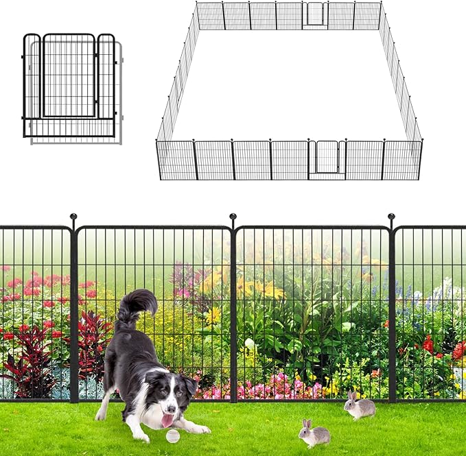 Garden Fence with Gate Metal Fencing Outdoor for Yard, 32in x69ft 30 Panels Outdoor Dog Fence Temporary Fence for Dogs Outside, Rustproof Garden Fencing Flower Bed Edging for Patio