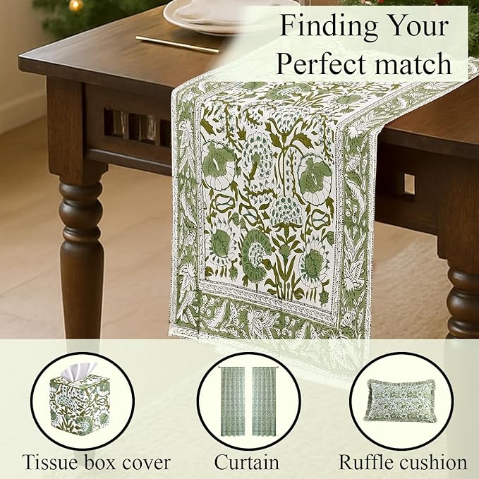 CPC Cotton Table Runner 16x72 Inch Block Printed Long Fall Table Runner for Dining Table, Card Table, Coffee Table, Wedding, Farmhouse & Outdoor Barbeque-Agate Green