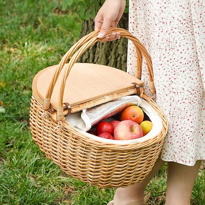 Wicker Picnic Basket with Cooler, Wooden Split Lid Picnic Basket, Vintage-Style Wicker Picnic Hamper with Folding Woven Handle for Picnic, Camping, Outdoor, Valentine Day, Thanks Giving, Birthday
