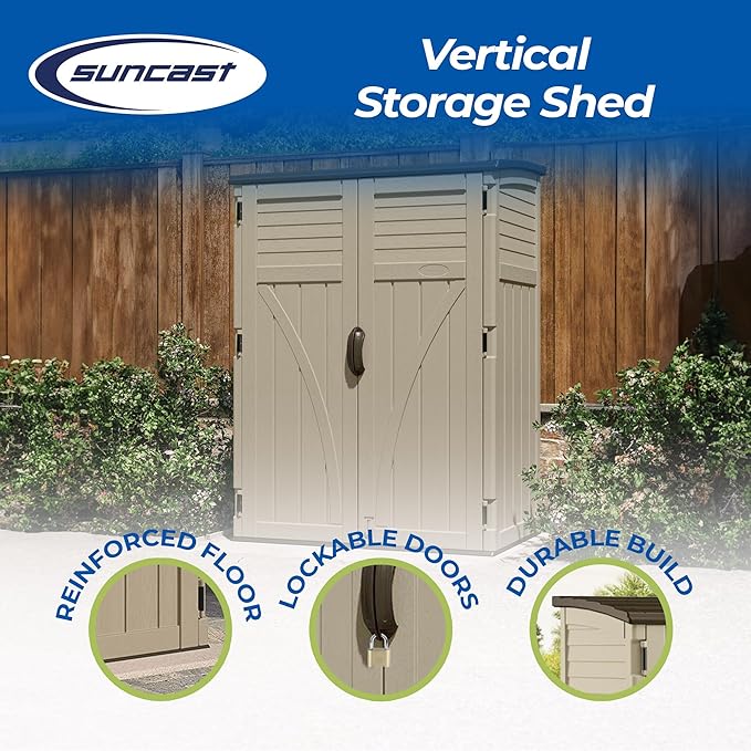 Suncast Outdoor Storage Cabinet Waterproof Resin Vertical Outdoor Storage Shed (54 cu. ft.) for Patio, Garden Tools, Cushions, & Equipment. Weatherproof Plastic Multi-Wall Design, Capacity Made in USA
