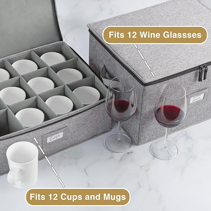 Wine Glass Storage and Cup Storage Case - Set of 2 Stackable Containers with Fully Padded Interior and Outside Hard Shell - 12pcs per Box with Insert Cards for Labelling and Side Handles