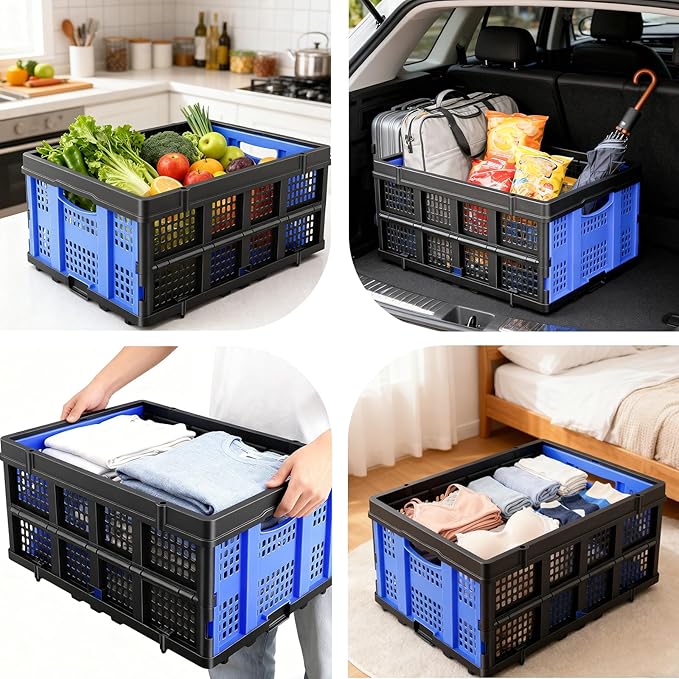 PMMJ 55L Collapsible Crate for Storage, 22”L x 15.8”W x 10.2”H, Heavy Duty PP Foldable Storage Bins, Space-Saving Stackable Containers for Home, Car & Shopping