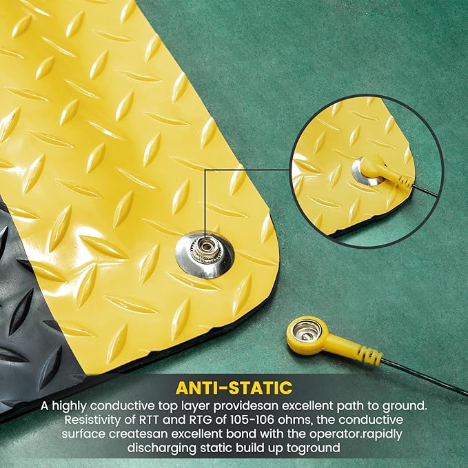 2' x 3' ESD Anti-Fatigue Conductive Mat, Durable Heavy Duty Diamond Plate, Non Slip Waterproof Floor Mats for Commercial&Industrial Work, Thick 3/4” with Yellow Border