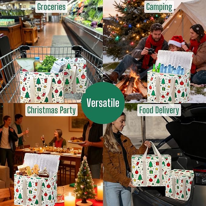 VENO 2 Pack Cooler Bag, Insulated Grocery Bags for Food Delivery, Collapsible Cooler, Reusable Shopping Bags for Groceries, Hard Bottom, Zippered, Foldable, Christmas Pattern (Jingle Mix, 2 Pack)