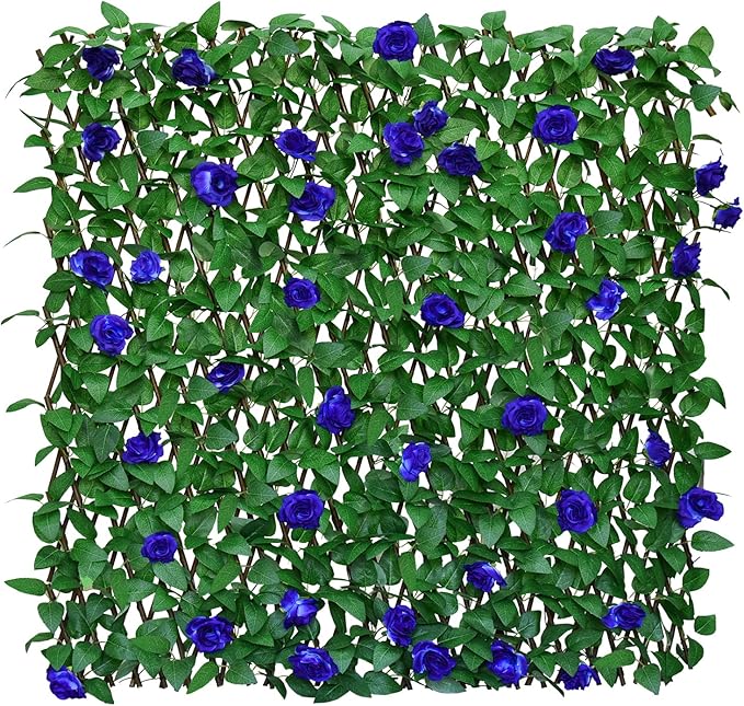 Expandable Fence Privacy Screen for Balcony Patio Outdoor,Decorative Faux Ivy Fencing Panel,Artificial Hedges (Single Sided Leaves) (4, Blue Flowers)