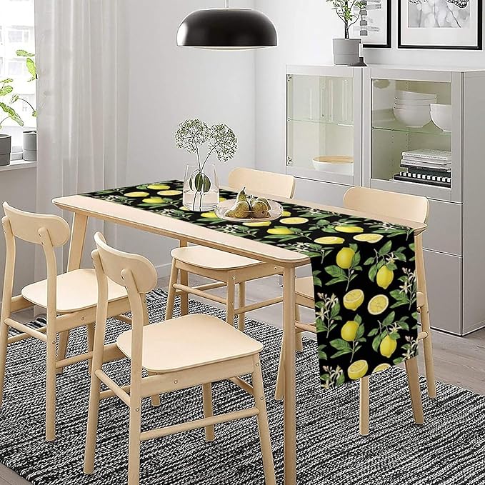 Watercolor Lemon Table Runner, Spring Summer Seasonal Green Leaves Flowers Yellow Fruits Print Table Runner for Farmhouse Kitchen Dining Table Home Party Indoor Decor 13x70in