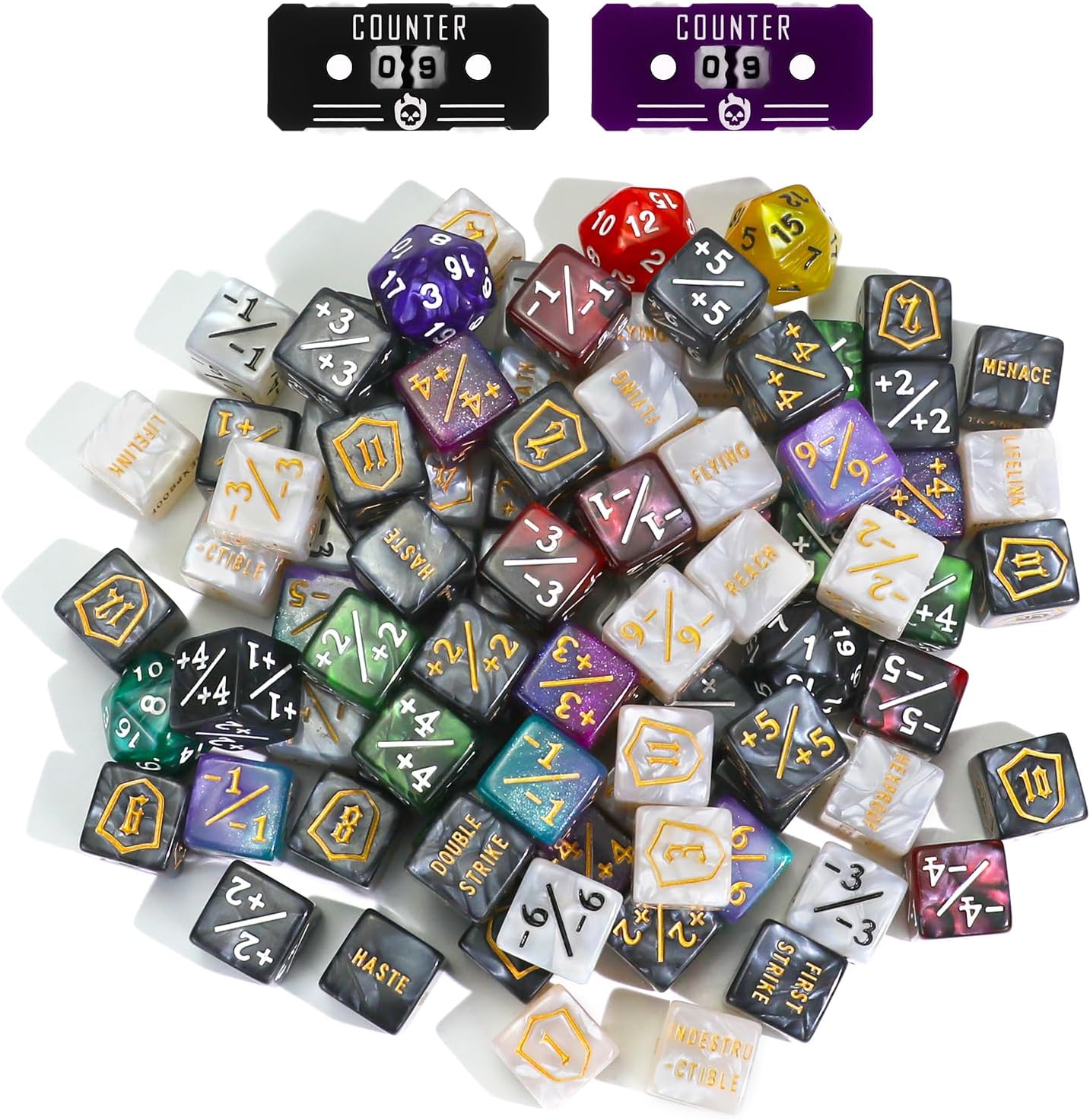 79PCS MTG Dice Counters Bulk Ability Keywords Dice Set, MTG Health Tracker Life Counter Plus 1/+1 Shield Buff Tokens for TCG Magic Card Games Accessories CCG Creature Stats