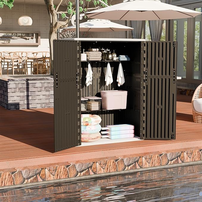 HOMSPARK Outdoor Storage Shed Weather Resistance, Patio Storage Cabinet Lockable Resin Tool Shed for Storage of Bike, Trash Cans, Garden Tools (Black, 66 Cu.ft)