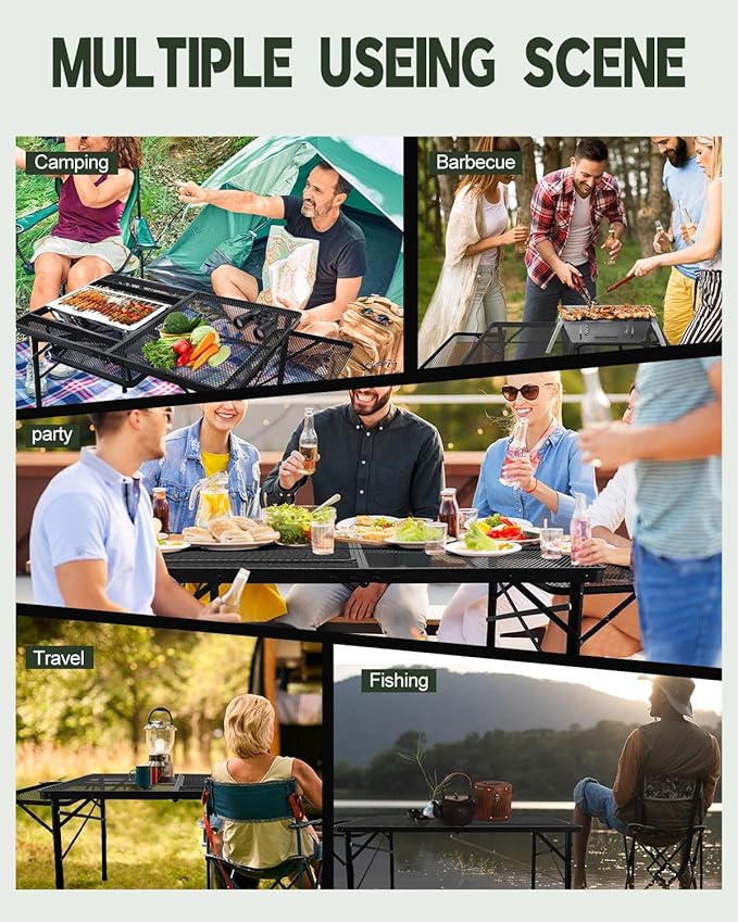 4ft Folding BBQ Table with Wing Plate, Height Adjustable Metal Table with Small Charcoal Grill, Portable Outdoor Table Removable to Two Tables (Bright Black)