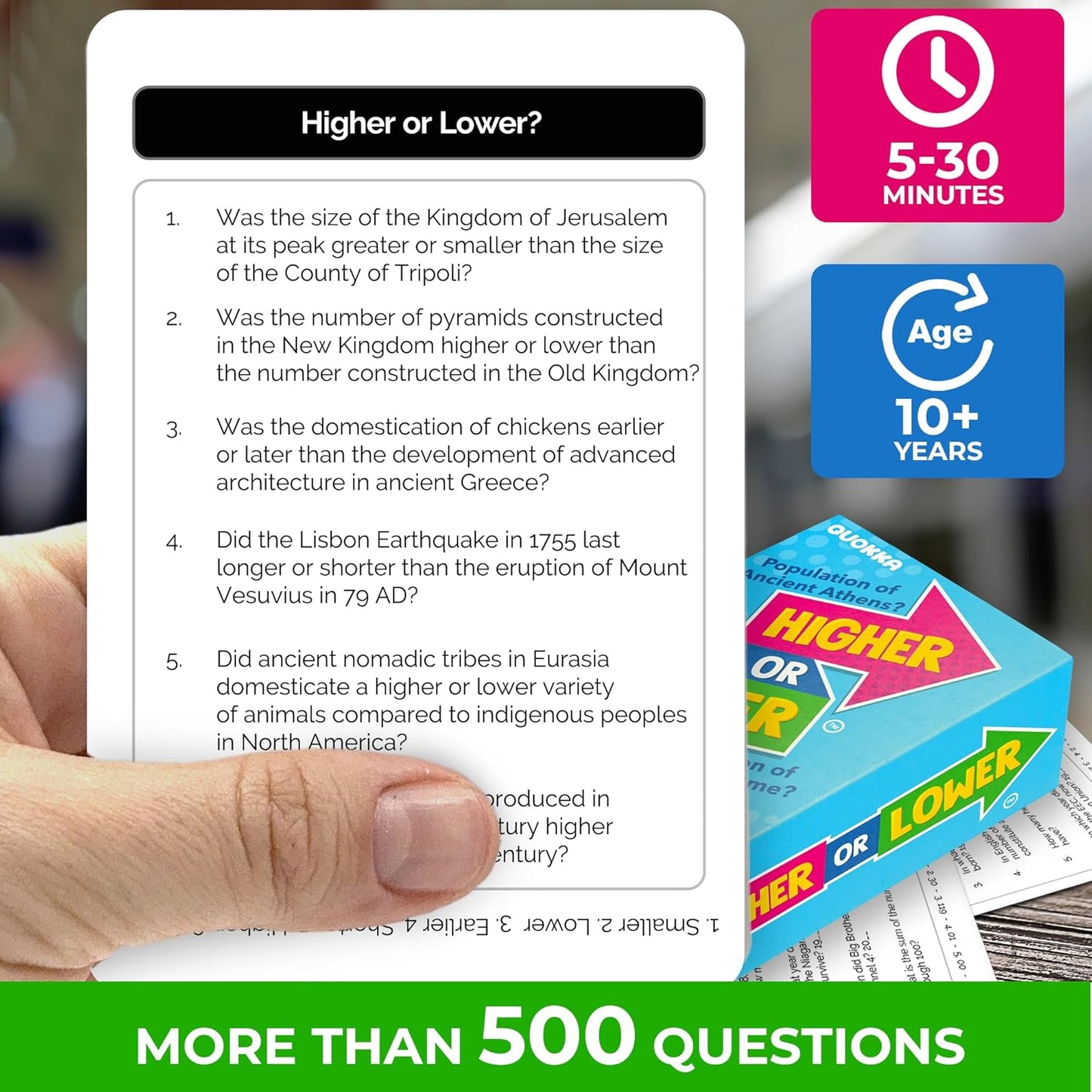 QUOKKA History Board Game for Kids 10-14 Year Olds - Family Card Game for Kids and Adults - Higher or Lower | Guess Fun Questions | Easy to Learn | 2 + Players - Challenge Game for Family Night