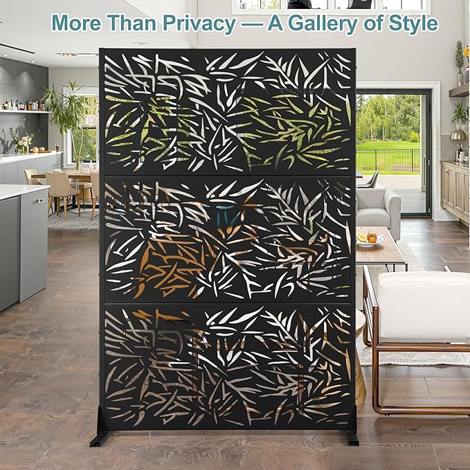 Metal Privacy Screen Outdoor Freestanding Privacy Wall Panels and Decorative Patio Dividers, Crafted from Steel with Sun-Proof Design, Ideal for Patio, Deck, Garden,72" H×47" L（Black&Bamboo）