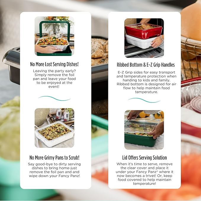 Fancy Panz - Green Classic Aluminum Foil Pan Carrier with Lid - Elevated Food Serving Tray - Portable Casserole Carrier with Lid - Made in The USA Hosting Essentials