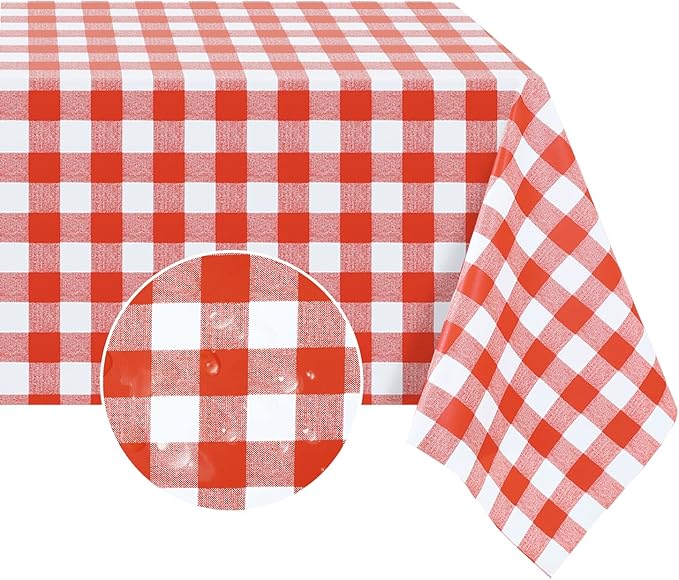 Romanstile Rectangle Vinyl Tablecloth, 100% Waterproof Buffalo Gingham Plastic Table Cloth, Heavy Duty Wipeable Checkered Table Covers for Outdoor, Camping, Picnic, Patio - 54 x 78, Red and White
