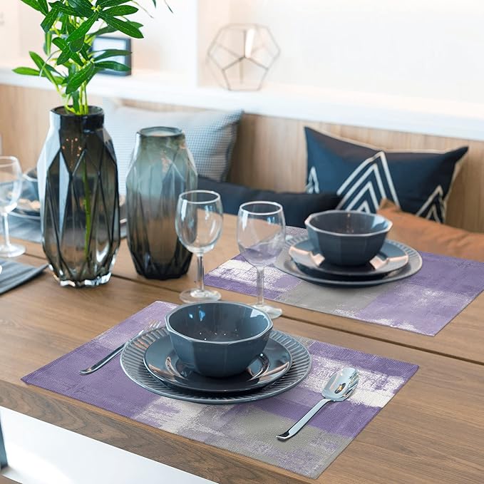 Modern Art Placemats Set of 4 Purple Abstract Painting Place Mats Washable Linen Grey Placemat for Dining Table Kitchen Party Home Decor 18x12 Inches