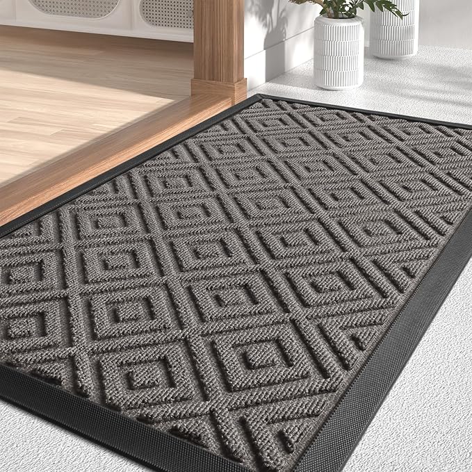 LEKEEPGO Large Front Door Mat Outside Entrance 24"x36", Drainage Welcome Matt Outside, Absorbent Doormat, Non Slip Rubber Mats, Dirt Resist Door Mats for Front Door, Patio, Home Entrance, Grey