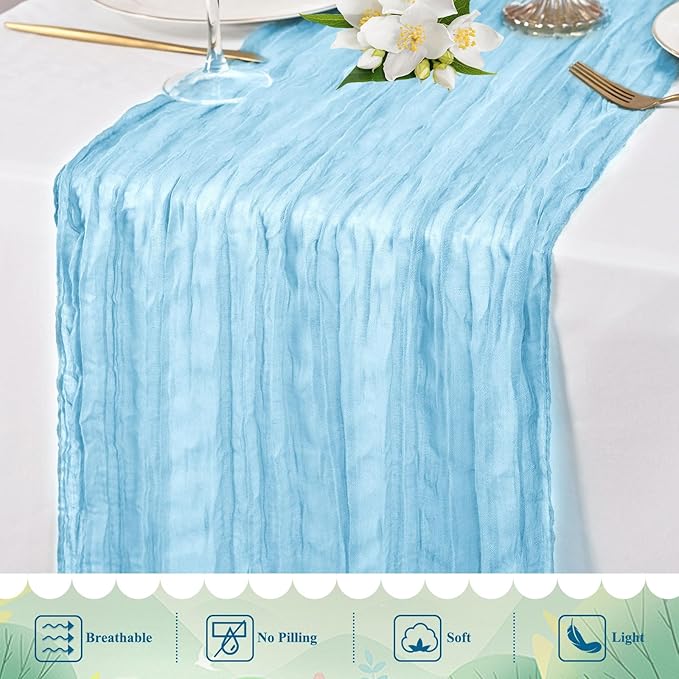 8 Packs Cheesecloth Table Runner 10FT Long Boho Gauze Fabric Table Runner Vintage Rustic Sheer Runners for Wedding Party Bridal Baby Shower Table Decorations (Light Blue)