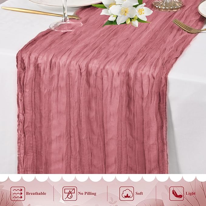 8 Packs Cheesecloth Table Runner 10FT Long Boho Gauze Fabric Table Runner Vintage Rustic Sheer Runners for Wedding Party Bridal Baby Shower Table Decorations (Dusty Rose)