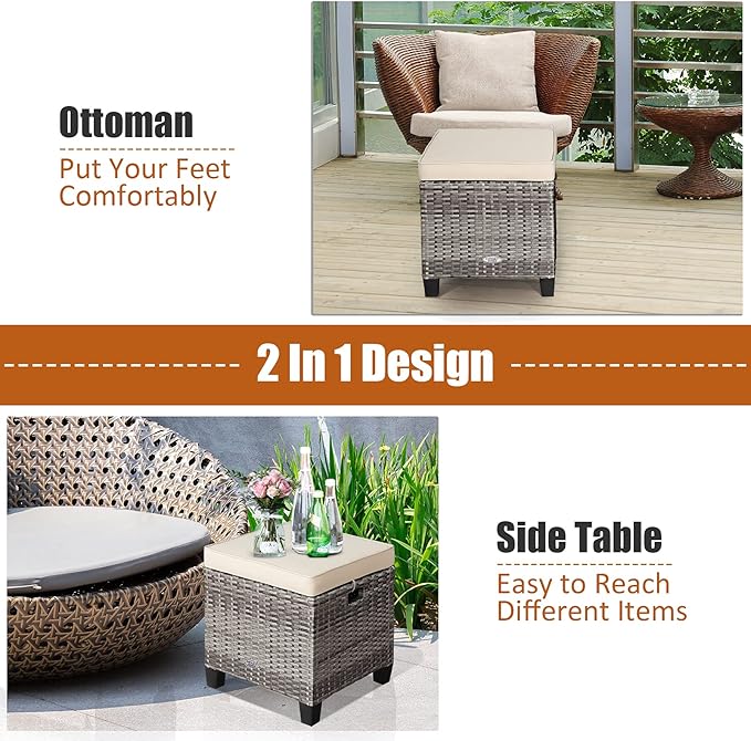 Tangkula 2 Pieces Patio Rattan Ottomans, Outdoor Wicker Footstool Footrest Seat with Soft Cushions and Steel Frame, All-Weather Patio Ottoman Set for Backyard Garden Poolside