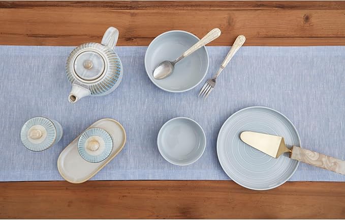 Solino Home Linen Table Runner 48 Inches - 100% Pure Linen Chambray Blue Table Runner 14 x 48 Inch Ideal for Dresser and Coffee Tables - Athena - Winter, Spring, Easter