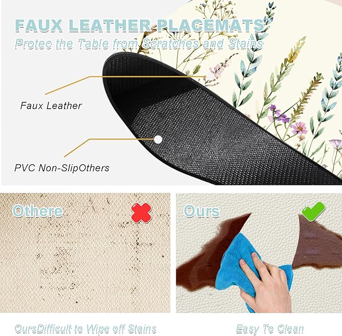 Placemats Set of 4 - Faux Leather Heat Resistant Placemats for Dinner Table, Non-Slip Waterproof Oil-Proof Washable Reusable Placemat for Indoor Outdoor Kitchen Decor, 15.75In*11.81In