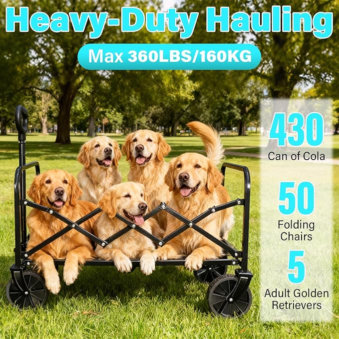 Wagons Carts Foldable, Collapsible Wagon with Wheels — Durable Foldable Wagon for Groceries,Picnic & Pets, Small Hauls, Apartment Moving & Storage, Portable Utility Pull Wagon Cart, 360lbs, Jet Black