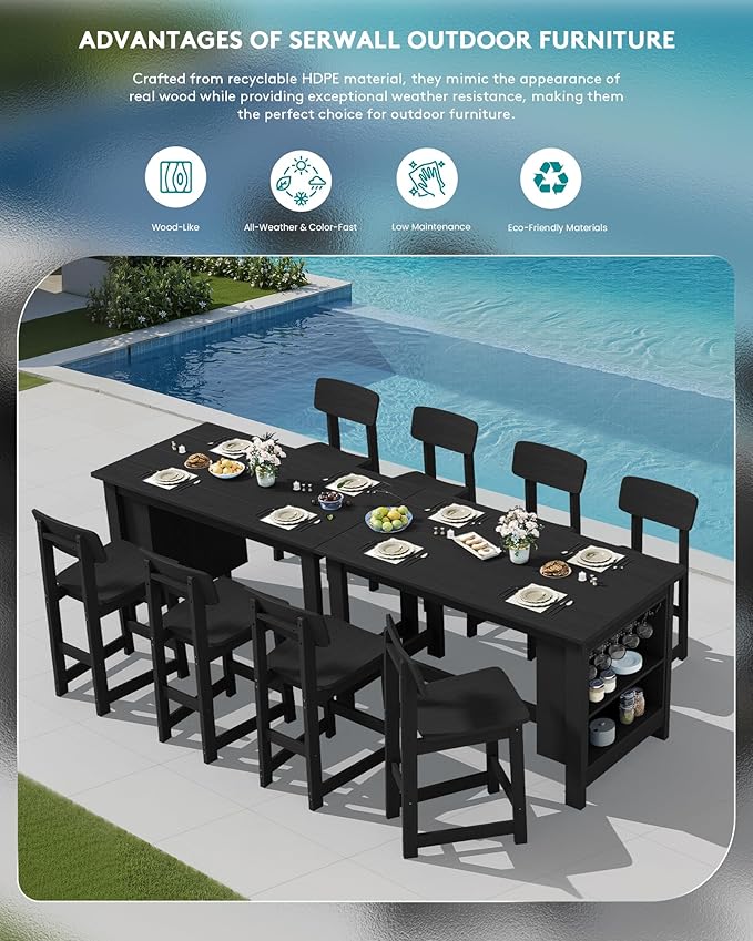 SERWALL Outdoor Bar Table and Chairs Set, 5-Piece HDPE Counter Height Patio Dining Sets with Storage and Wine Rack, Rectangular High Top Bar Table with 4 Bar Stools for Garden, Backyard, Black