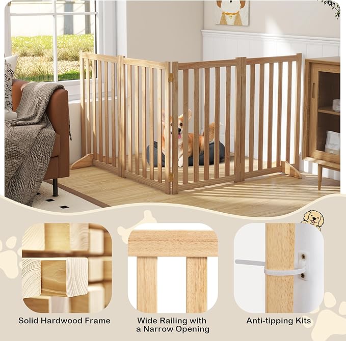 30" Height Tall Freestanding Pet Gate, Solid Wood Folding Safety Fence Wooden Dog Gate with 2 PCs Support Feet Ideal for Stairs, Doorways, Halls, Kitchens, Heavy Duty Gates, 4 Panels, Oak