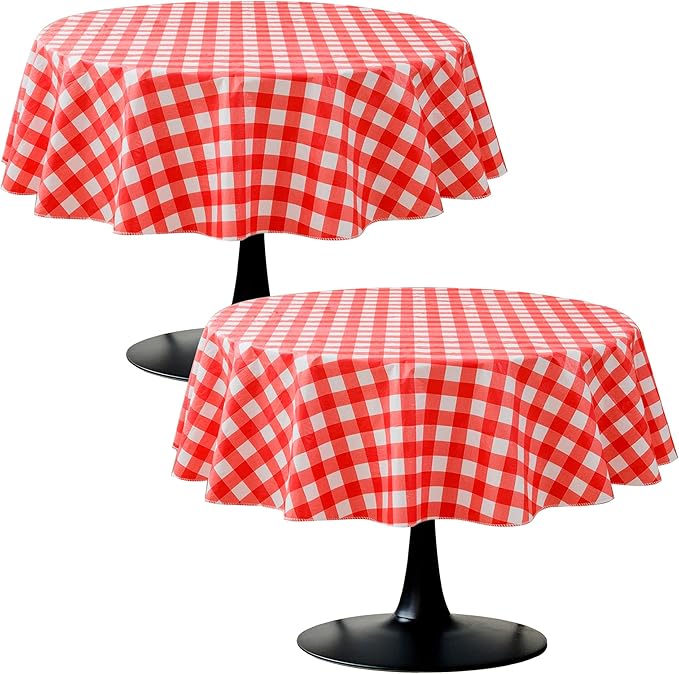 Nasitos Red and White Checkered Tablecloth 60 Inch Round for Christmas, Vinyl Tablecloth with Flannel Backing for Picnic, Round Dining Table, Outdoor Travel, 2 Pack