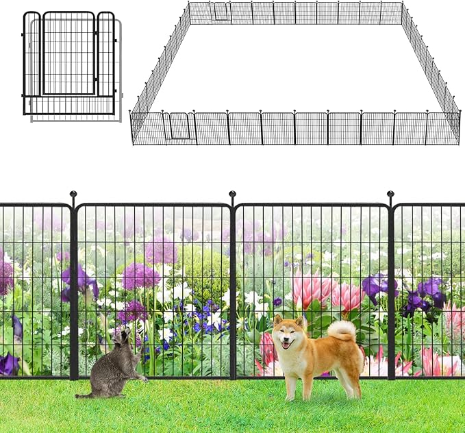 Garden Fence with Gate Metal Fencing Outdoor for Yard, 32in x92ft 40 Panels Outdoor Dog Fence Temporary Fence for Dogs Outside, Rustproof Garden Fencing Flower Bed Edging for Patio
