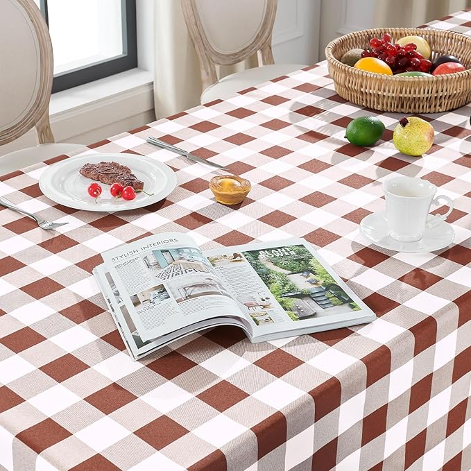 Softalker Gingham Checkered Tablecloth Rectangle - Outdoor Waterproof Buffalo Plaid Table Cloth, Stain Resistant Washable Table Cover for Picnic, Camping, Dining - Rust and White, 60 x 102 Inch