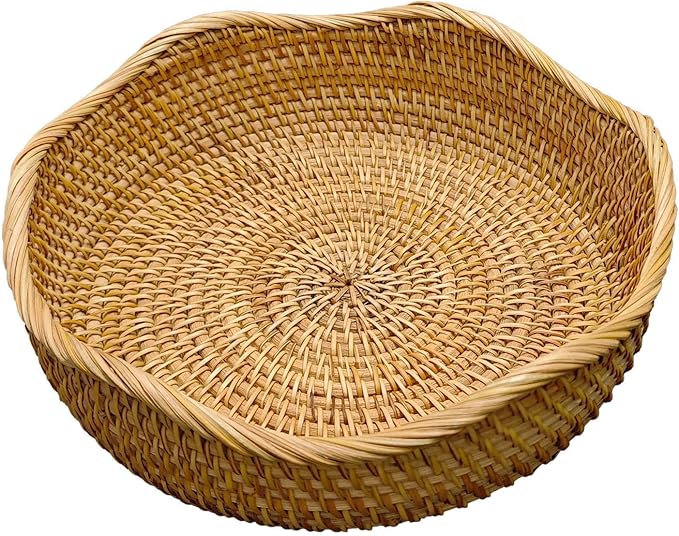 RT&BS Rattan Bread Baskets for Serving, Christmas Food Baskets, Handwoven Fruit Basket for Kitchen, Store, Restaurant, Outdoor, Party (M, Ø9.8 * 2.8'')
