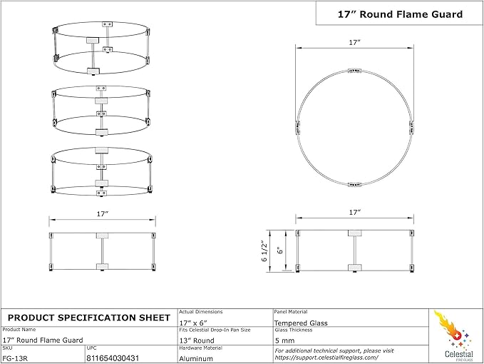 Celestial 17" x 6" Round Wind Guard, fits Celestial 13” Round Fire Pit Burner Pans for Gas Fire Pits