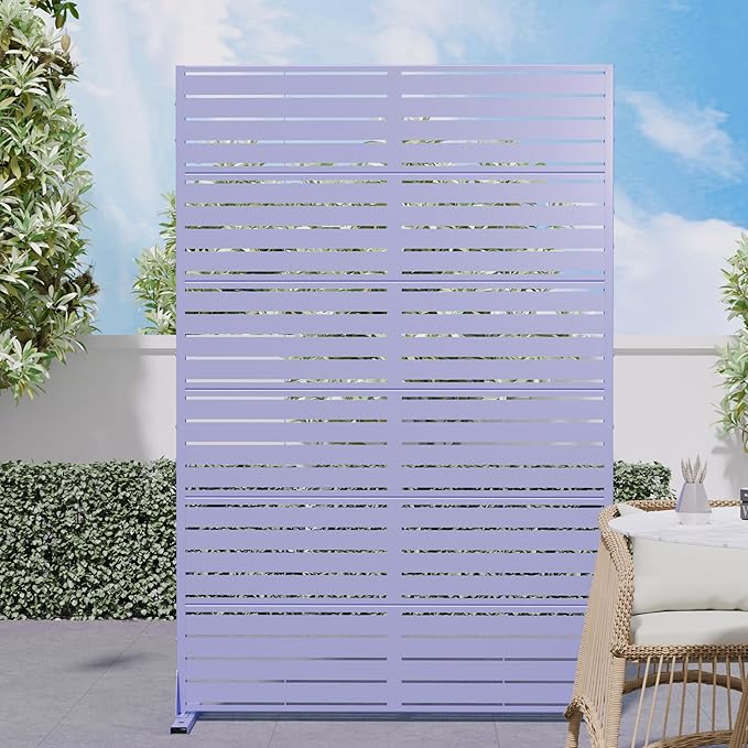 Casaphoria Metal Privacy Screen Outdoor, 72" H x 47" W Freestanding Decorative Privacy Screen for Patio Deck Balcony Garden with Stable Base, Purple-Louvered