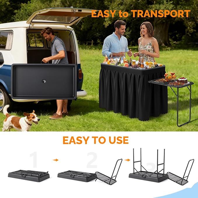 VINGLI Ice Table with Side Table, Portasble Cooler Table with Removable Skirt, Patio Table, Indoor & Outdoor Bar for Events, Parties and Camping Black