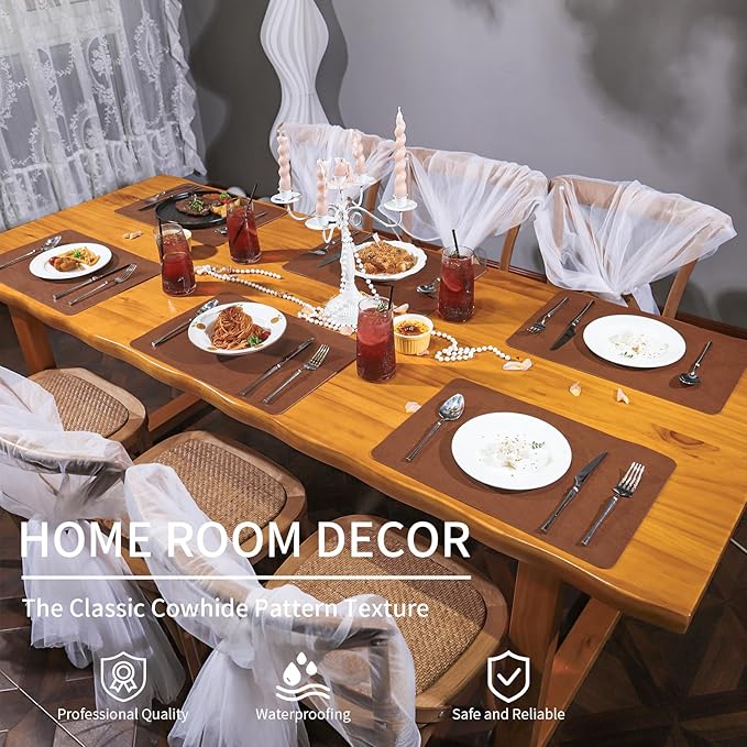 Cowhide Pattern Faux Leather Placemats Set of 4,Heat Resistant Non-Slip Waterproof Wipeable Washable Kitchen Dining PU Table Place Mats,Double-Sides Available,Dark Coffee