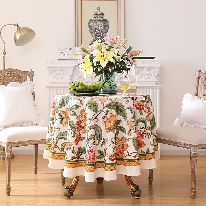 patdrea Designer Vintage Linen Round Tablecloth,Provencal Rustic Floral Pattern Tablecloths,Decorative Table Cover Cloth for Kitchen,Dining Room,Tea Party,Home,Christmas,Diameter 67"