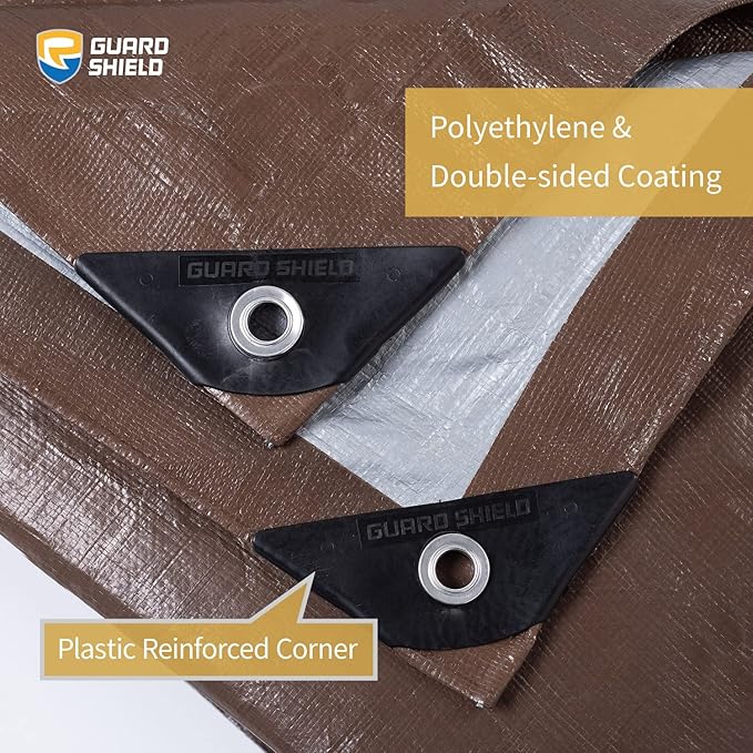 GUARD SHIELD Tarps Heavy Duty Waterproof 16x20 Feet Brown/Silver Poly Tarp Cover Outdoor Thick UV Resistant Tarpaulin with Grommets 10mil (2-Pack)