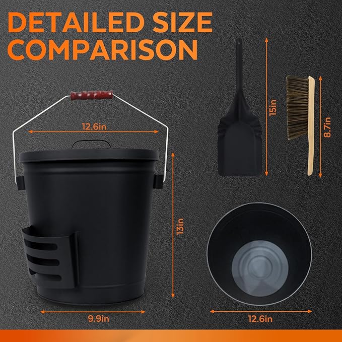 5.2 Gallon Ash Bucket with Lid and Shovel, Metal Fireplace Ash Bucket with Broom, Complete Fireplace Tools Set for Wood Stove and Fireplace