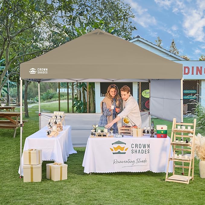 CROWN SHADES 10x10 Pop up Canopy Tent Instant Canopy with 150D Silver Coated Fabric Including 2 Half Sidewalls, 4 Ropes, 8 Stakes, 4 Weight Bags, STO 'N Go Bag, Beige