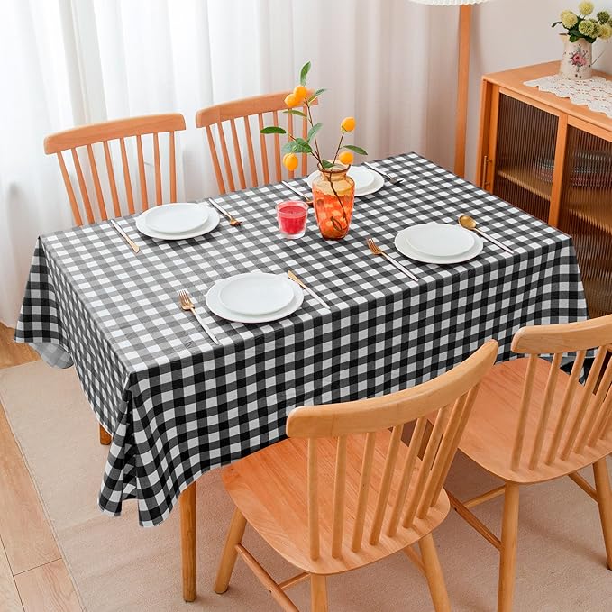 Nasitos 2 Pack Gingham Vinyl Tablecloth 60x102 Inch-Rectangle Picnic Table Cover Waterproof Vinyl Plastic Table Cloth, Black and White Checkered Flannel Backed Tablecloth for Parties, Dinner, Outdoor