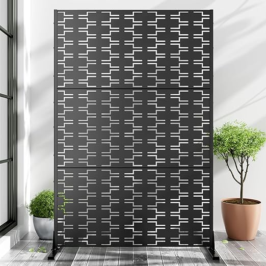 Casaphoria 72" H x 47" W Metal Outdoor Privacy Screen, Freestanding Decorative Divider for Patio, Deck, Balcony, and Garden with Stable Base, Black Brick