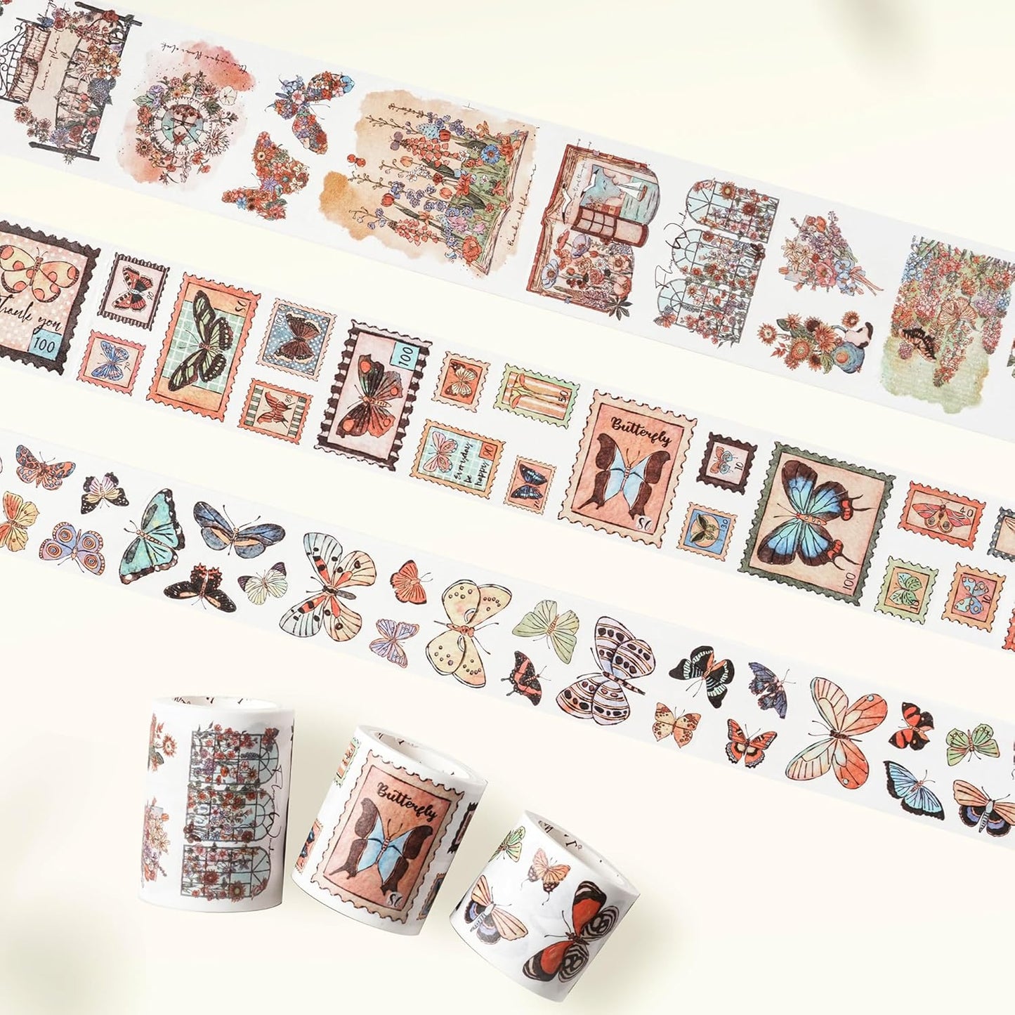 WT Stamped Wings Washi Tape Sticker Set – 3 Rolls Decorative Butterfly & Wing Washi Sticker Tape, Wide Vintage Adhesive Tape for Journaling, Scrapbooking, Planner, DIY Crafts & Wrapping